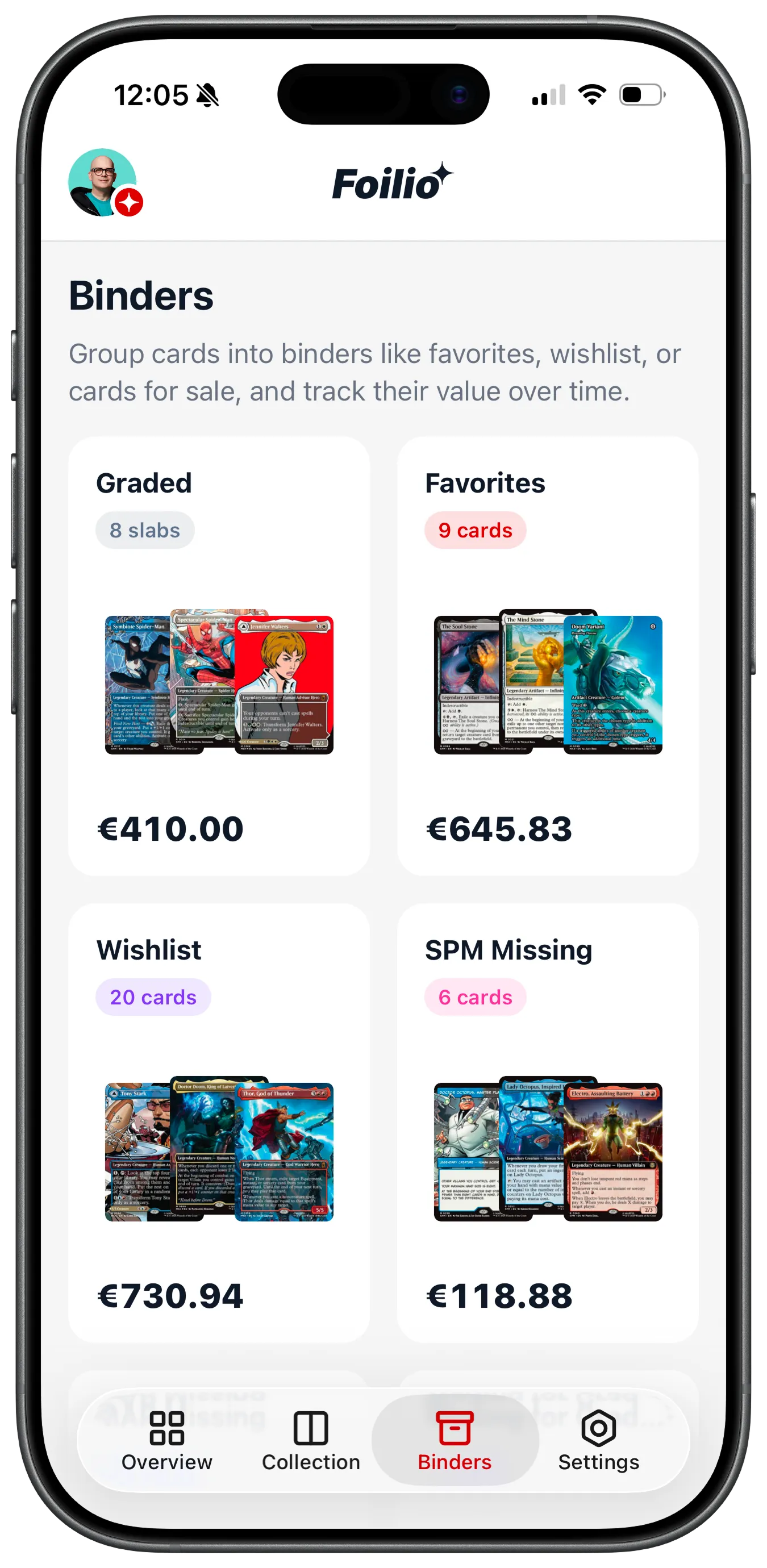 MTG binders in the Foilio app with graded slabs, favorites, and a wishlist