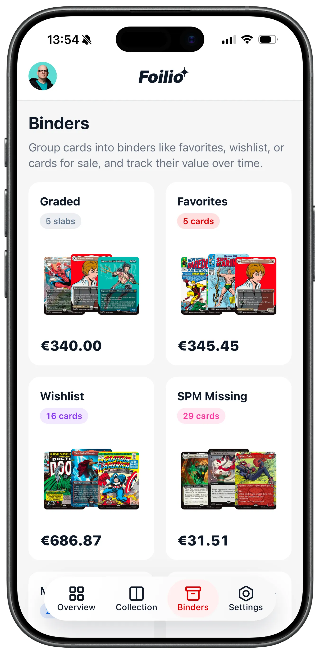 MTG binders in the Foilio app with graded slabs, favorites, and a wishlist