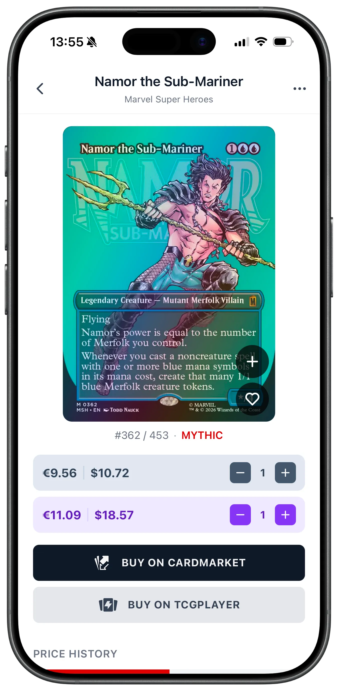 Magic card detail with Cardmarket and TCGplayer prices in the Foilio app