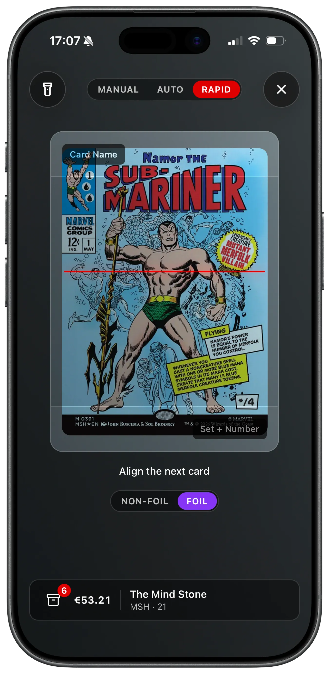 MTG card scanner in the Foilio app recognizing a Magic card with the camera