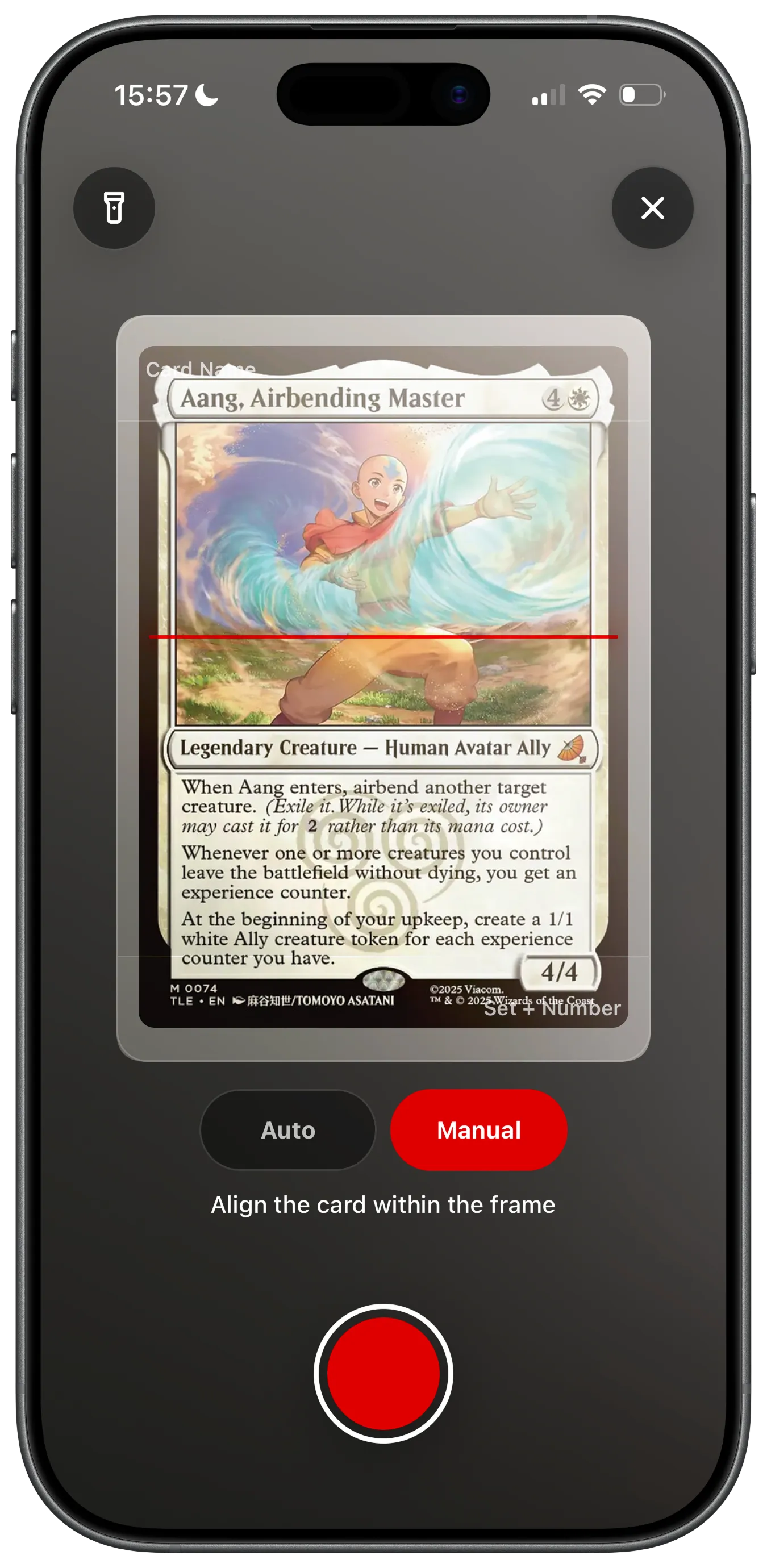 MTG card scanner in the Foilio app recognizing a Magic card with the camera