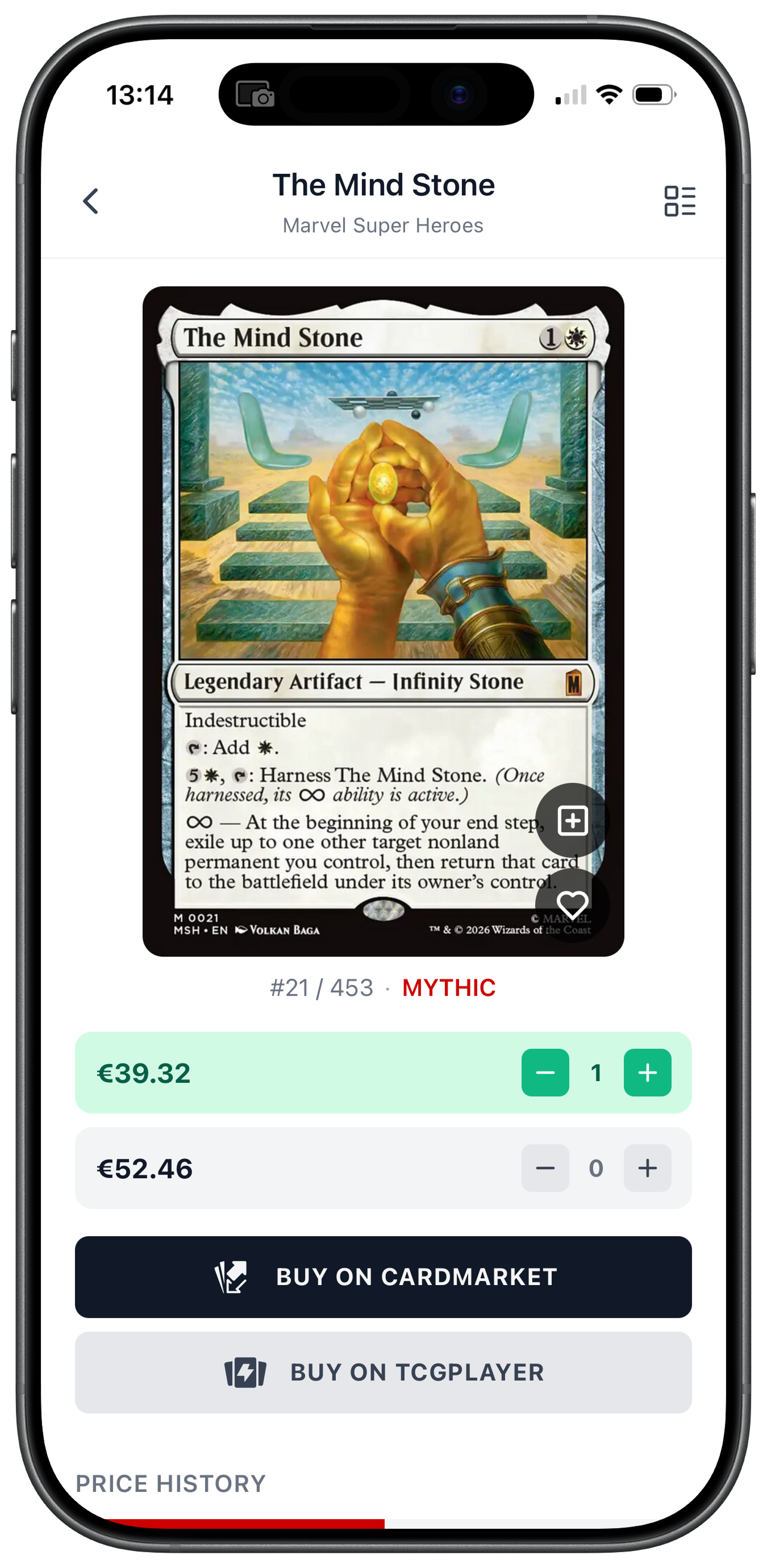 Magic card detail with Cardmarket and TCGplayer prices in the Foilio app