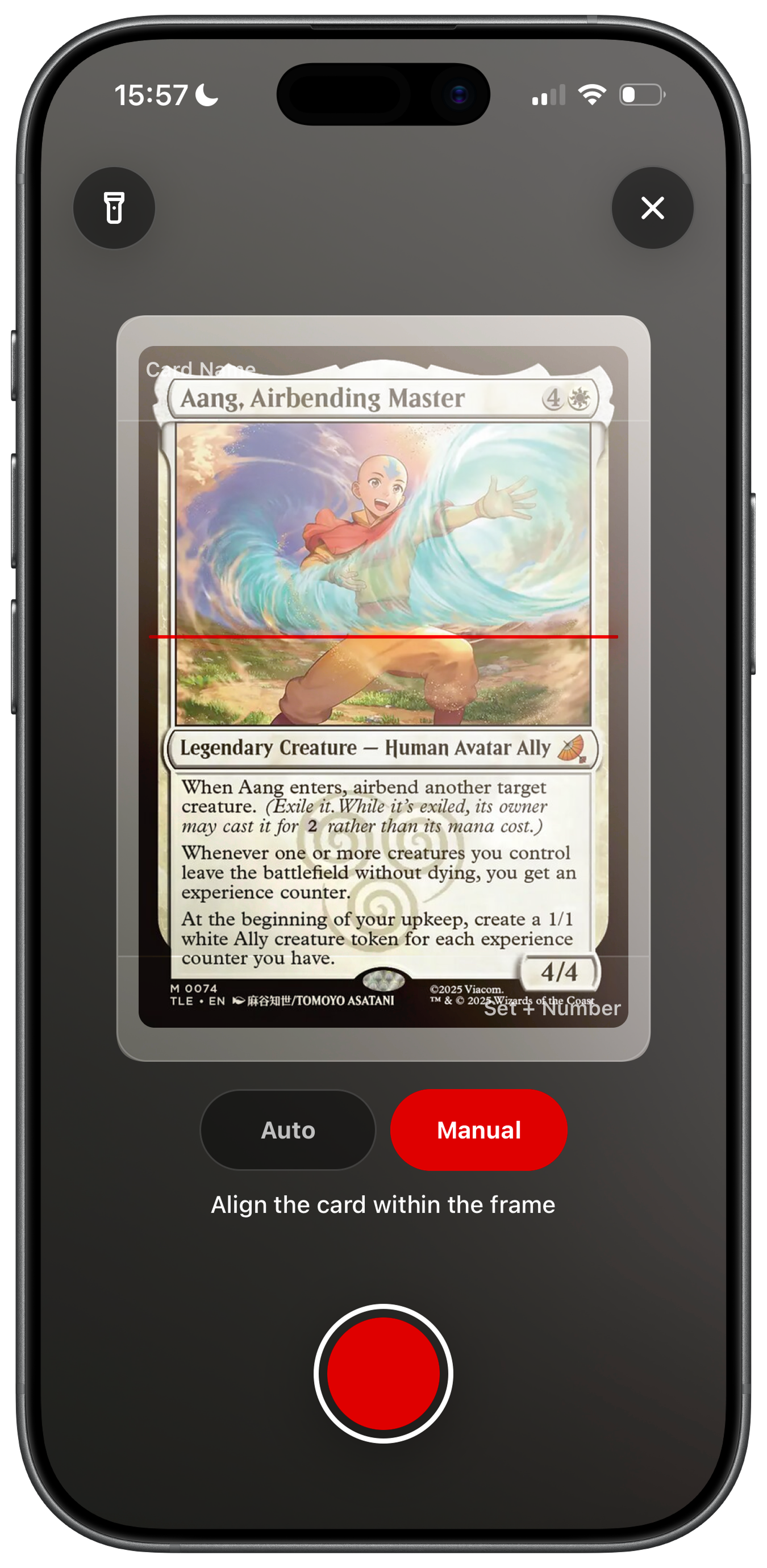 MTG card scanner in the Foilio app recognizing a Magic card with the camera